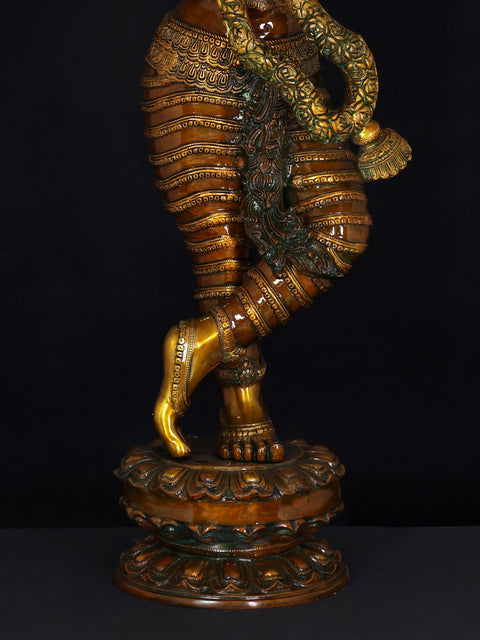 45" Superfine Lord Krishna Brass Sculpture with Swaying Necklace of Flowers
