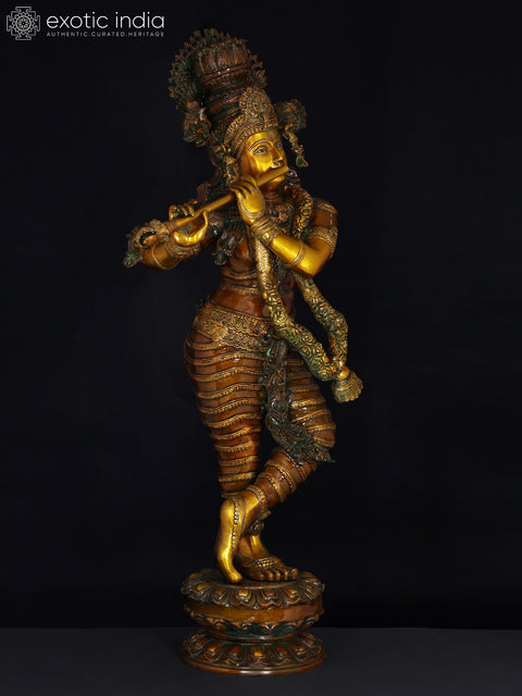 45" Superfine Lord Krishna Brass Sculpture with Swaying Necklace of Flowers