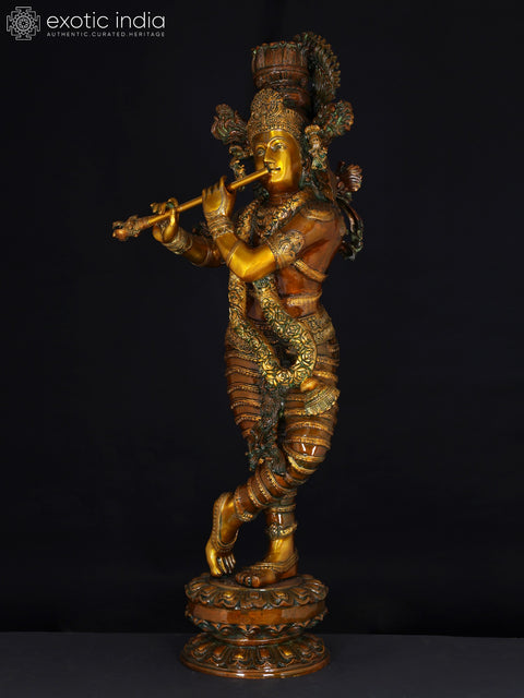 45" Superfine Lord Krishna Brass Sculpture with Swaying Necklace of Flowers