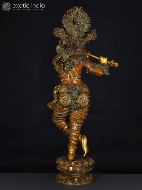 45" Superfine Lord Krishna Brass Sculpture with Swaying Necklace of Flowers