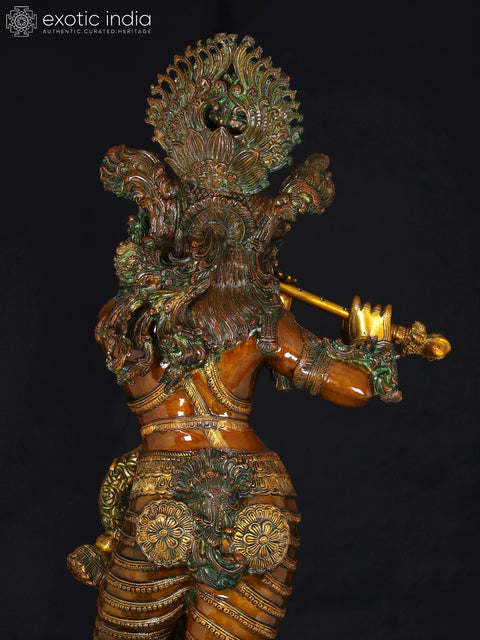 45" Superfine Lord Krishna Brass Sculpture with Swaying Necklace of Flowers