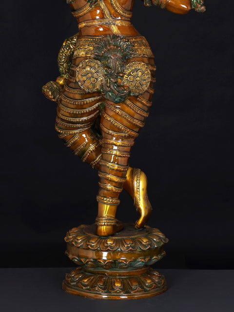 45" Superfine Lord Krishna Brass Sculpture with Swaying Necklace of Flowers
