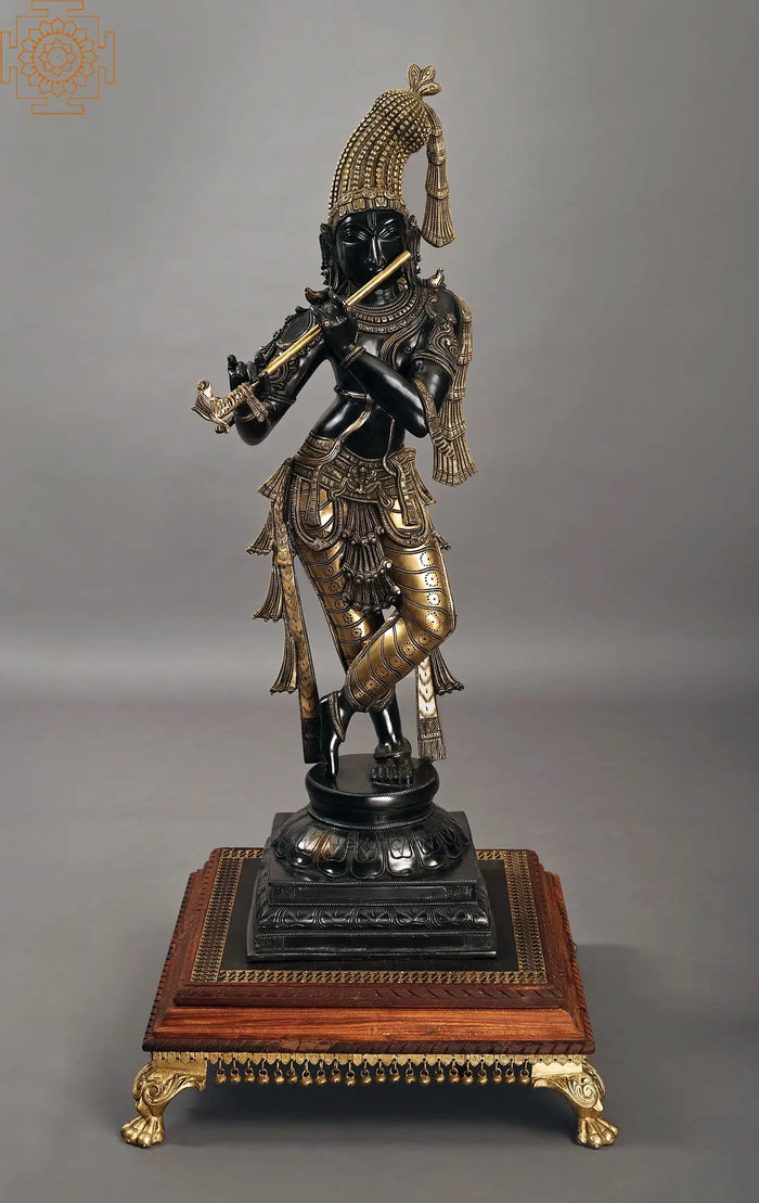 36" Handmade Brass Standing Krishna Statue with Crown