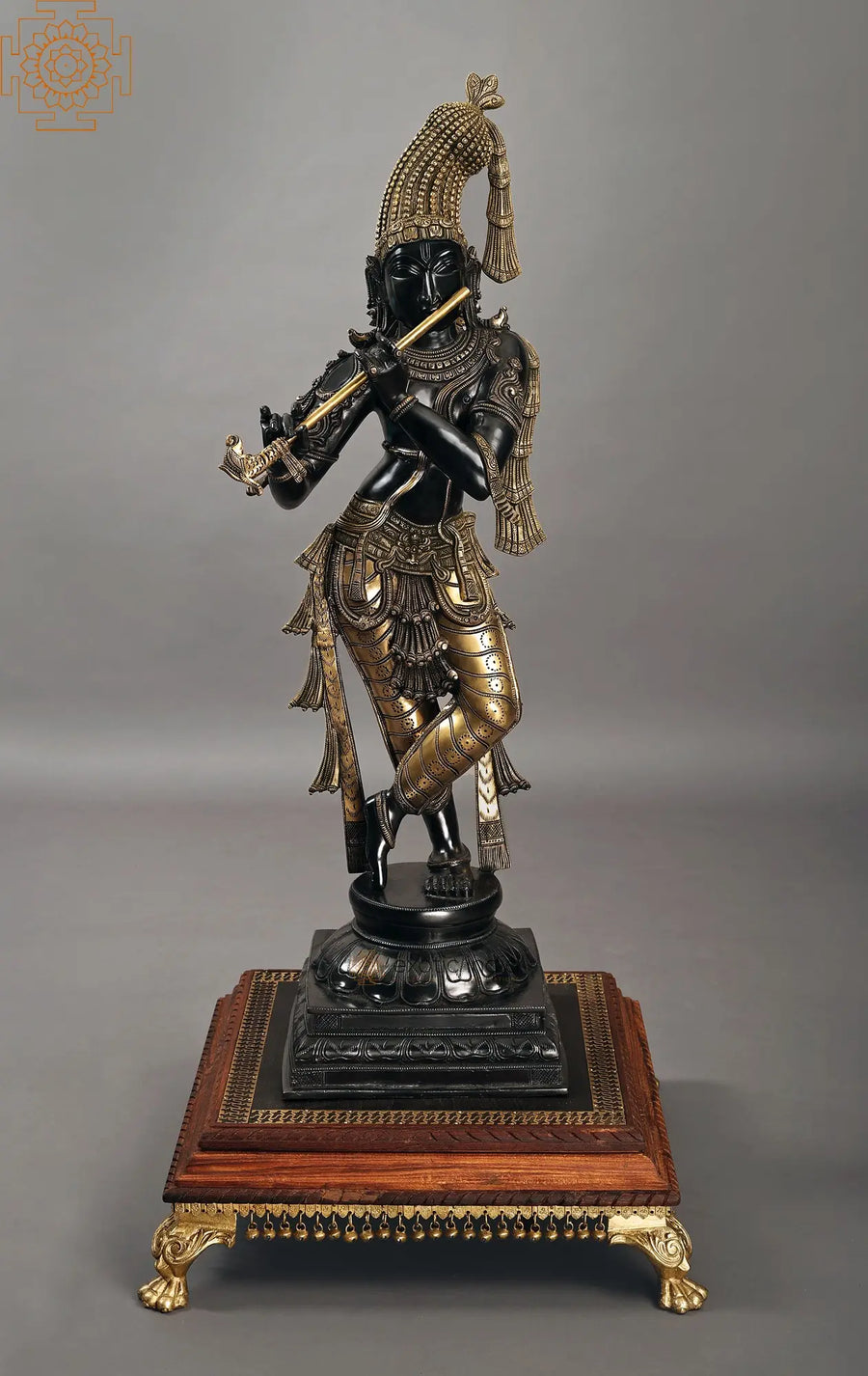 36" Handmade Brass Standing Krishna Statue with Crown