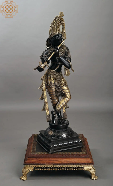 36" Superfine Standing Krishna with Fascinating Crown | Handmade Brass Statue