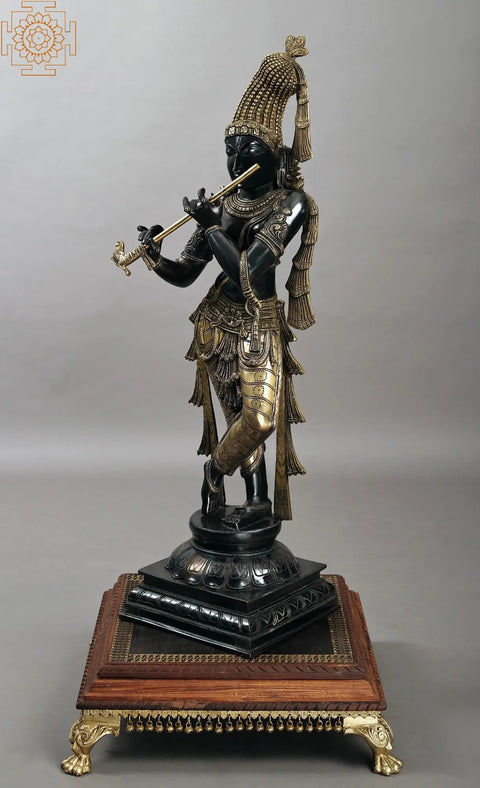 36" Superfine Standing Krishna with Fascinating Crown | Handmade Brass Statue