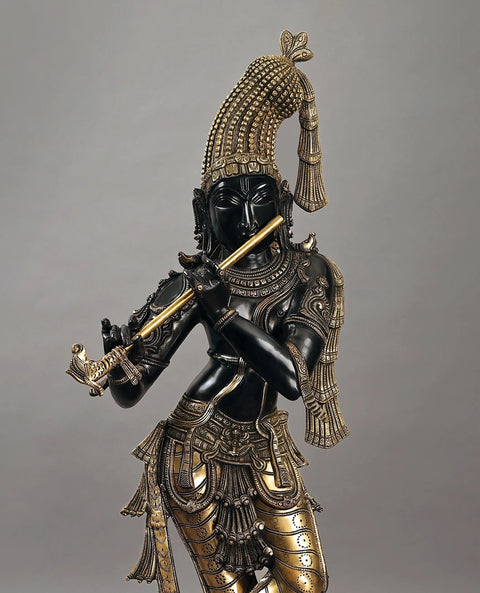 36" Superfine Standing Krishna with Fascinating Crown | Handmade Brass Statue
