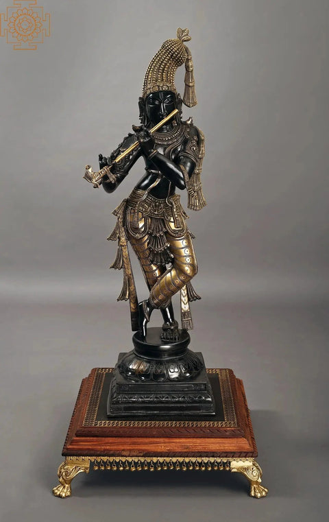 36" Superfine Standing Krishna with Fascinating Crown | Handmade Brass Statue