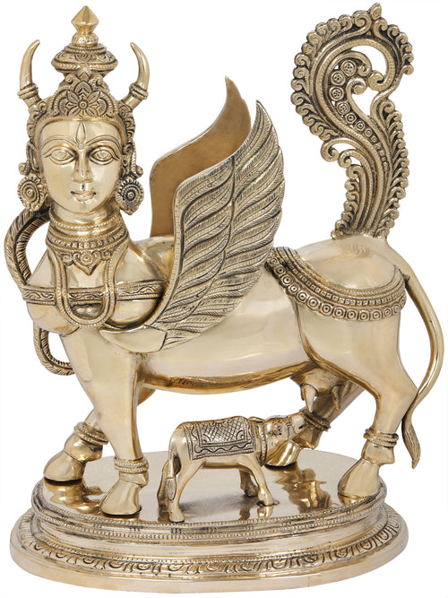 16" Kamadhenu Brass Statue - Handmade Wish-Fulfilling Divine Cow