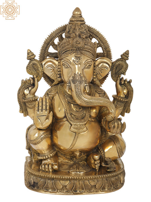 19" Handmade Chaturbhuja Blessing Ganesha Brass Statue