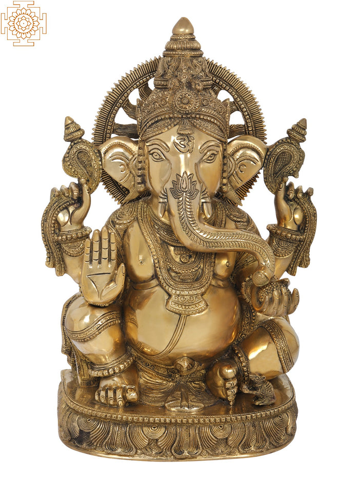 19" Handmade Chaturbhuja Blessing Ganesha Brass Statue