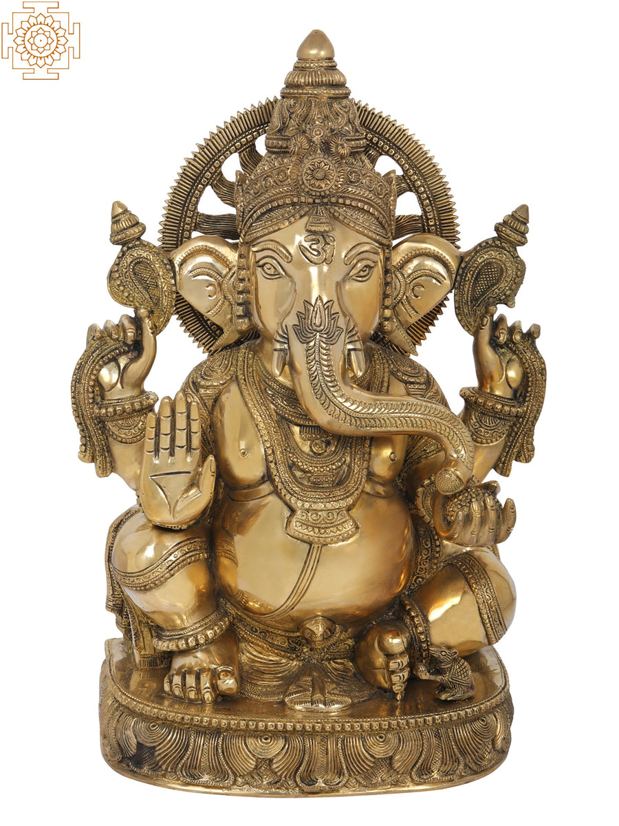 19" Handmade Chaturbhuja Blessing Ganesha Brass Statue