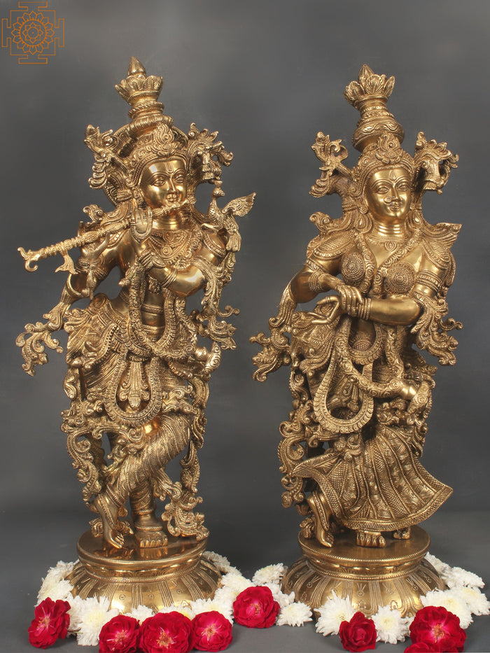 26" Tribhanga Radha-Krishna Brass Statue for Pooja