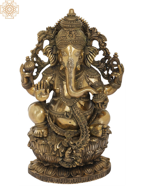 24" Superfine King Ganesha Seated on Lotus | Handmade Brass Statue