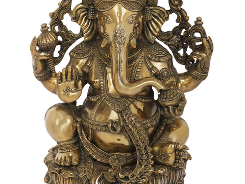 24" Superfine King Ganesha Seated on Lotus | Handmade Brass Statue