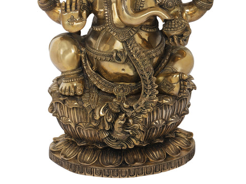 24" Superfine King Ganesha Seated on Lotus | Handmade Brass Statue