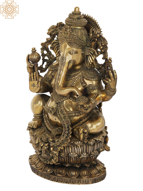 24" Superfine King Ganesha Seated on Lotus | Handmade Brass Statue