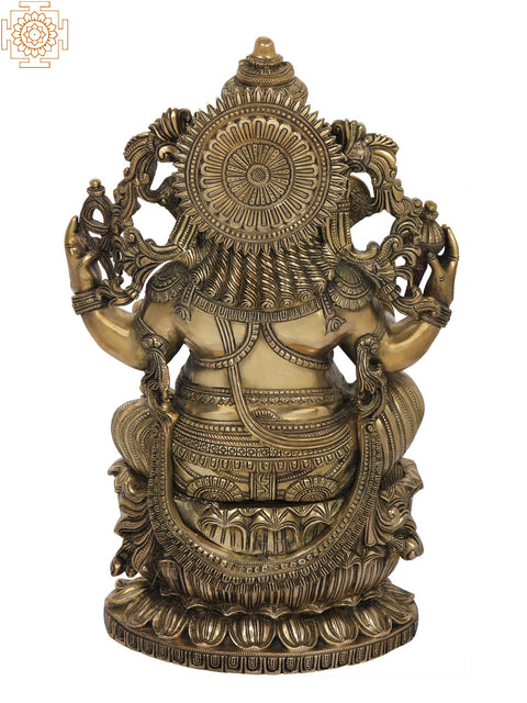 24" Superfine King Ganesha Seated on Lotus | Handmade Brass Statue