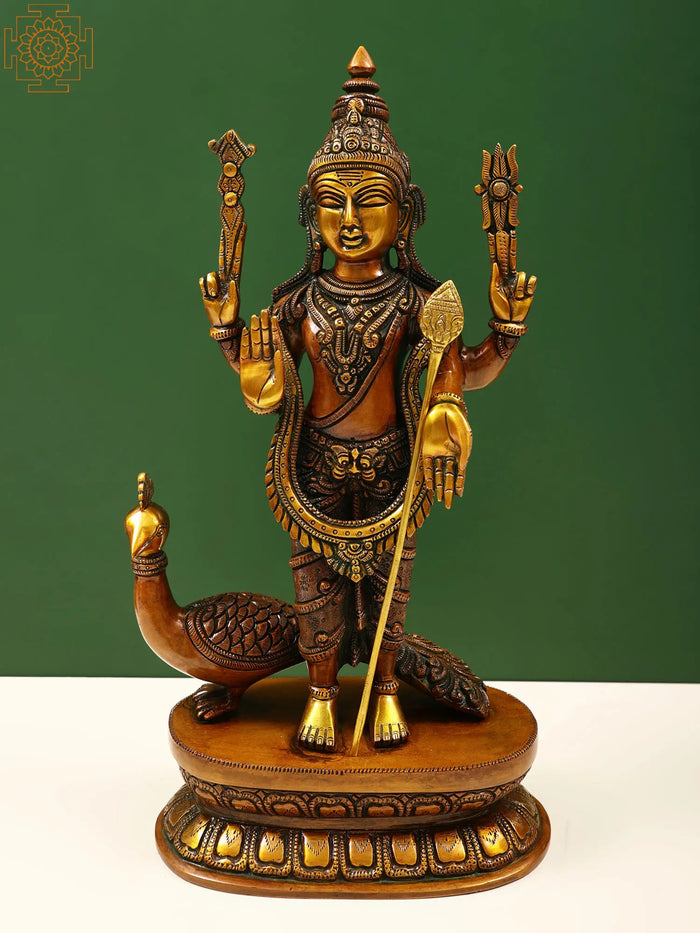 16" Handmade Kartikeya with Peacock Mount Brass Statue