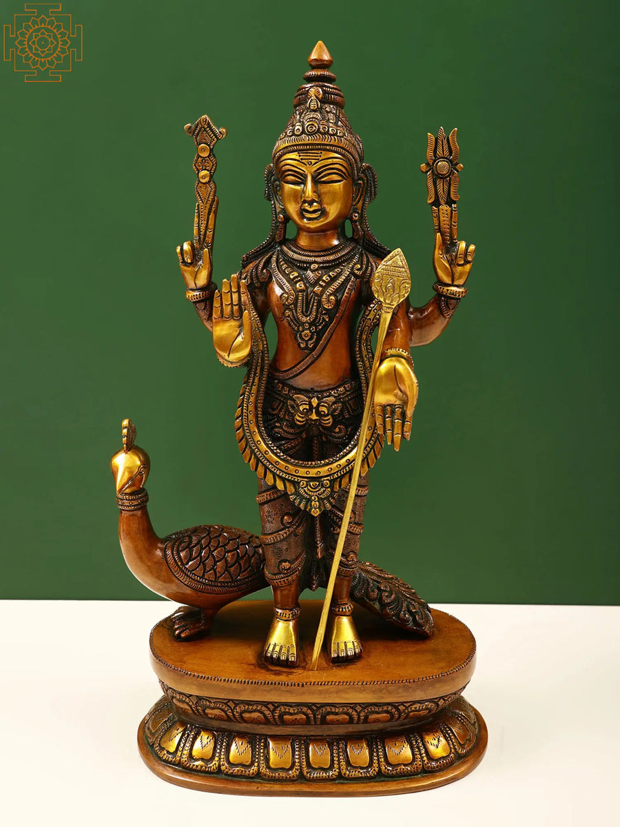 16" Handmade Kartikeya with Peacock Mount Brass Statue