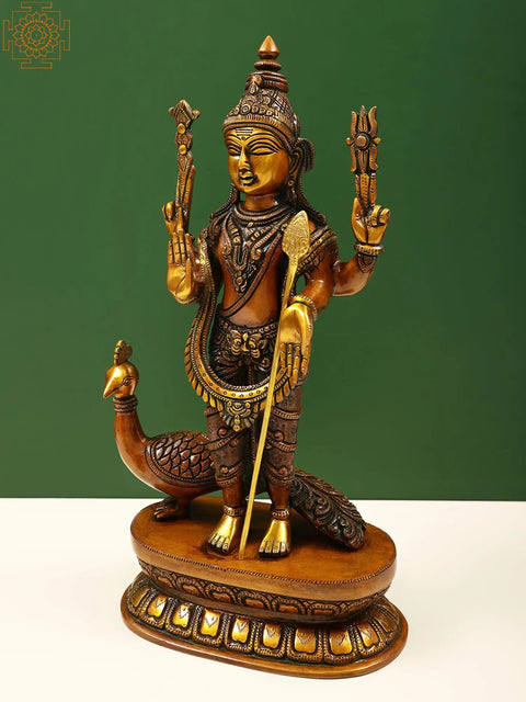 16" Superfine Karttikeya with His Mount Peacock In Brass | Handmade | Made In India