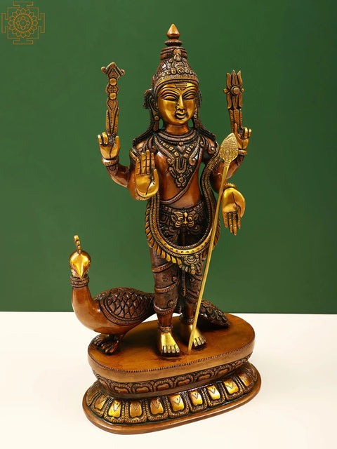 16" Superfine Karttikeya with His Mount Peacock In Brass | Handmade | Made In India