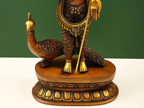 16" Superfine Karttikeya with His Mount Peacock In Brass | Handmade | Made In India