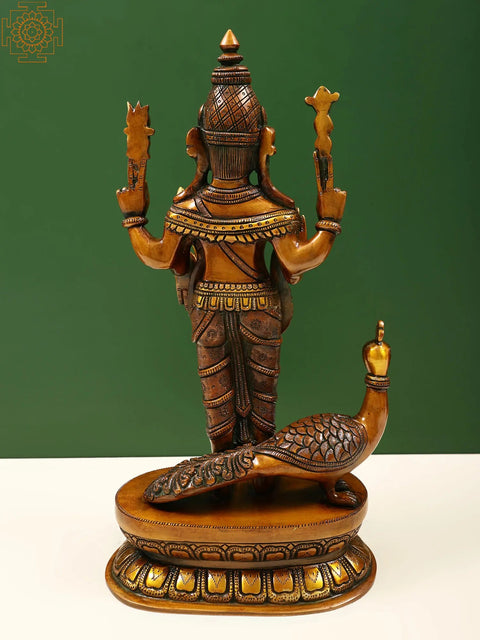 16" Superfine Karttikeya with His Mount Peacock In Brass | Handmade | Made In India