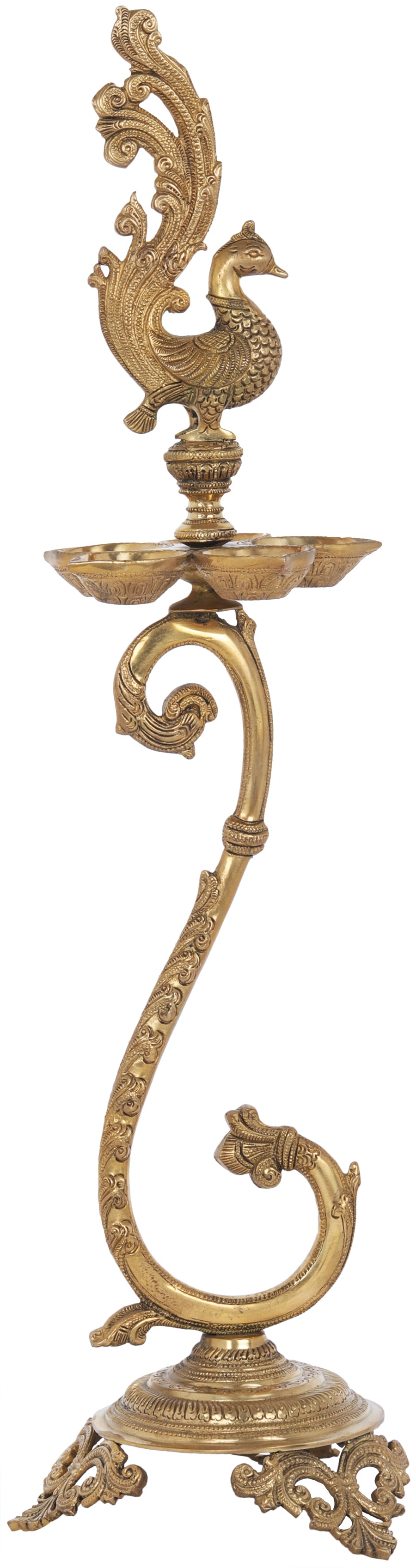 27" Brass Peacock Lamp with Winding Slender Stem Handcrafted