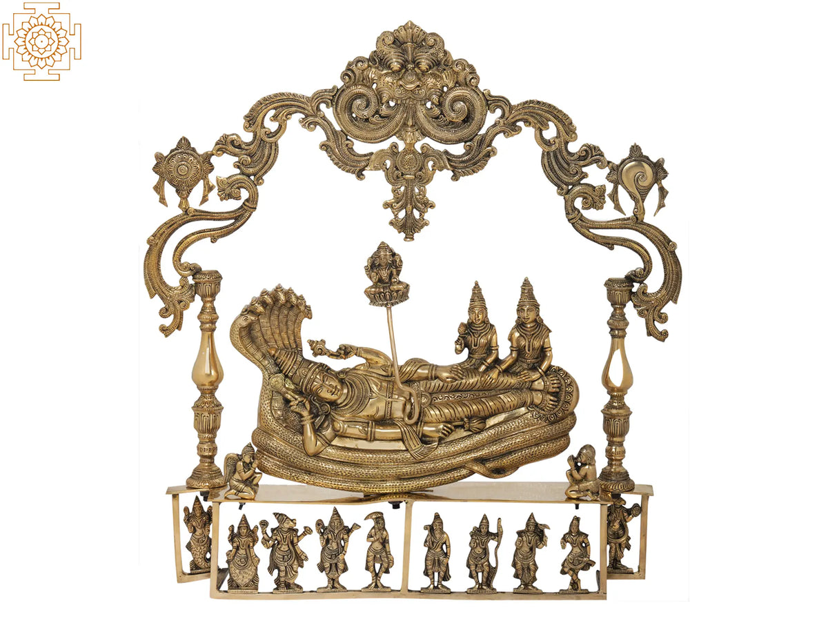 25" Brahma Stems From The Navel of Sheshashayi Vishnu Upon Dashavatara Base in Brass | Handmade | Made in India