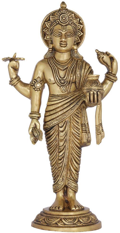 14" Lord Vishnu Dhanvantari Brass Statue Handmade