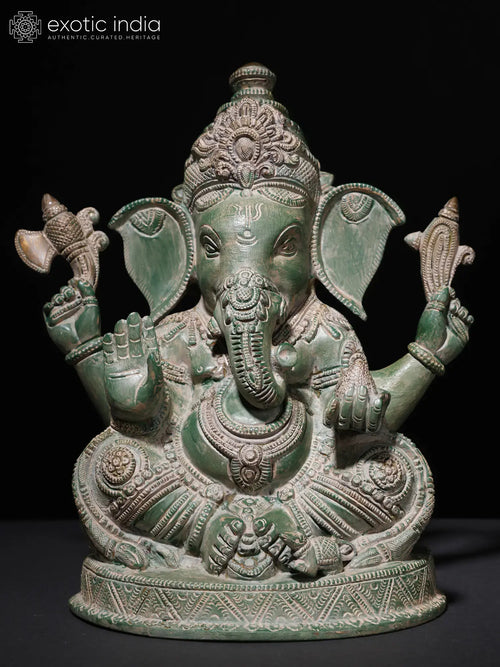 10" Handmade Seated Lord Ganesha Brass Statue