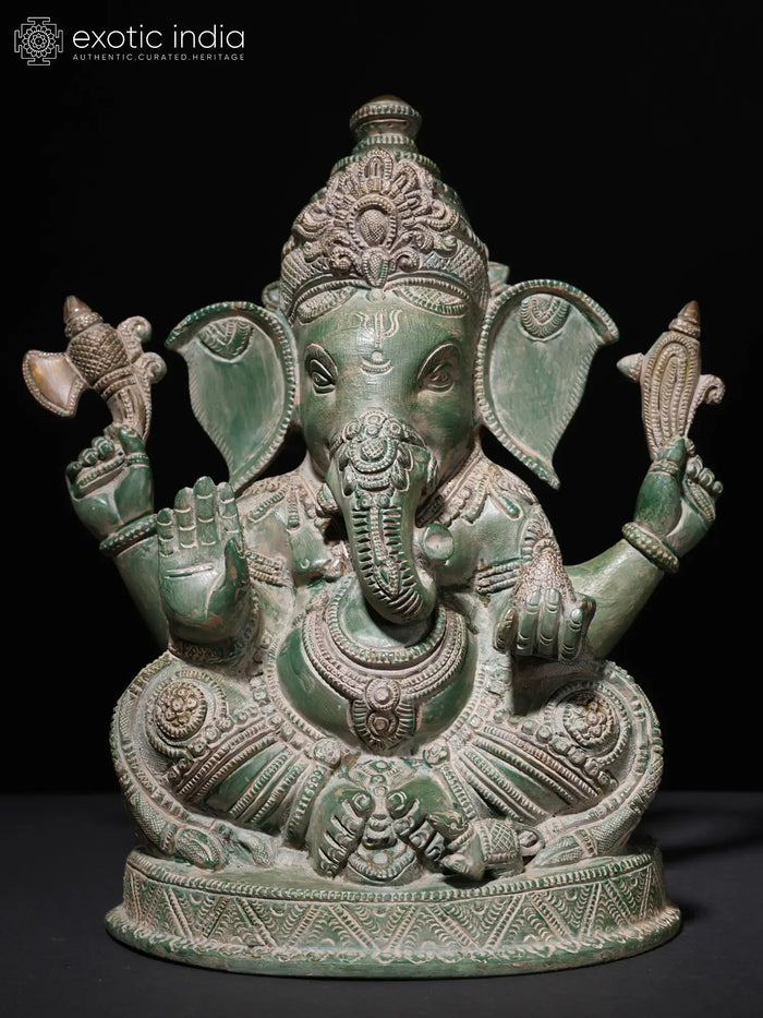 10" Handmade Seated Lord Ganesha Brass Statue