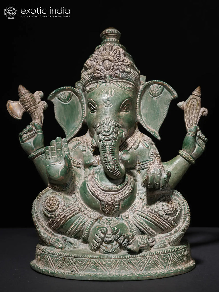 10" Handmade Seated Lord Ganesha Brass Statue