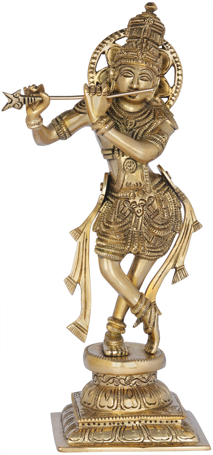 11" Handmade Fluting Krishna Brass Idol for Pooja