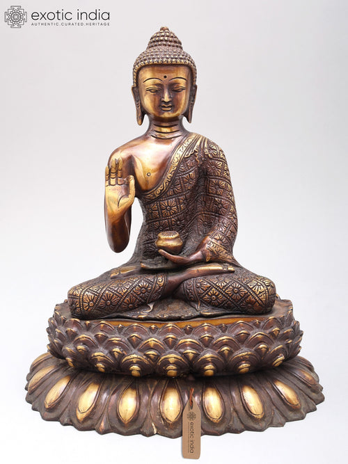 11" Handmade Brass Buddha Statue with Vitarka Mudra on Lotus Pedestal
