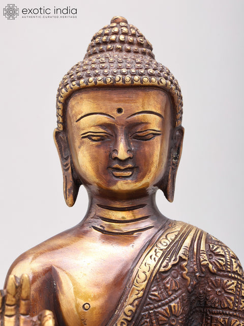 11" Vitarka Mudra Buddha Upon A Luxuriant Lotus Pedestal | Handmade Brass Statue