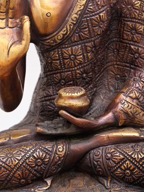 11" Vitarka Mudra Buddha Upon A Luxuriant Lotus Pedestal | Handmade Brass Statue