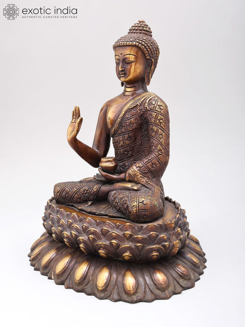 11" Vitarka Mudra Buddha Upon A Luxuriant Lotus Pedestal | Handmade Brass Statue
