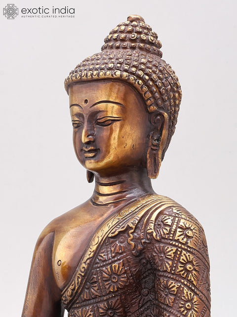 11" Vitarka Mudra Buddha Upon A Luxuriant Lotus Pedestal | Handmade Brass Statue