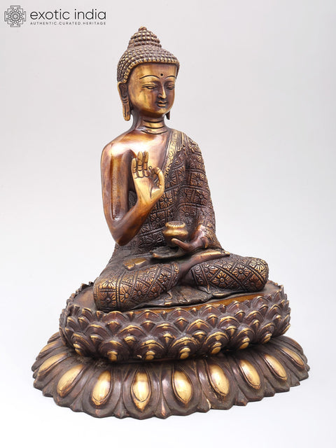 11" Vitarka Mudra Buddha Upon A Luxuriant Lotus Pedestal | Handmade Brass Statue