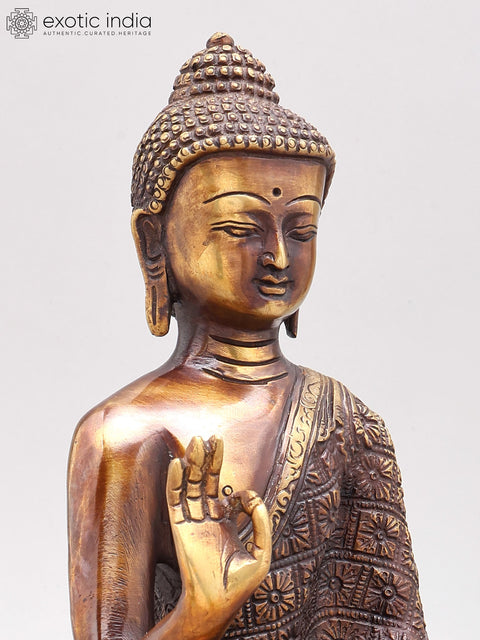 11" Vitarka Mudra Buddha Upon A Luxuriant Lotus Pedestal | Handmade Brass Statue
