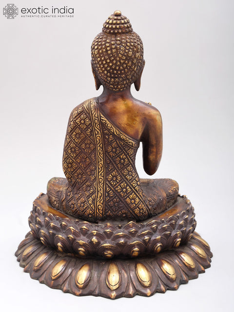 11" Vitarka Mudra Buddha Upon A Luxuriant Lotus Pedestal | Handmade Brass Statue