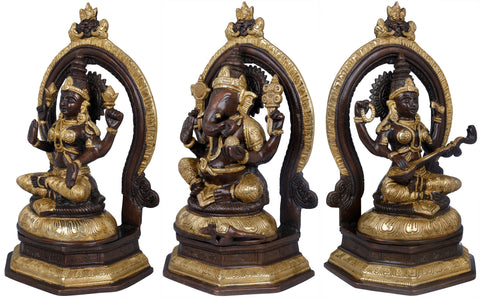 11" Lakshmi Ganesha and Saraswati In Brass | Handmade | Made In India