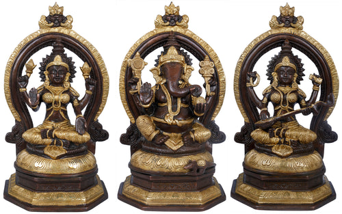 11" Handmade Brass Lakshmi Ganesha Saraswati Statue