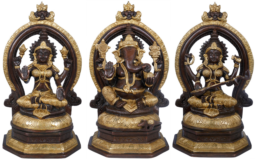 11" Handmade Brass Lakshmi Ganesha Saraswati Statue