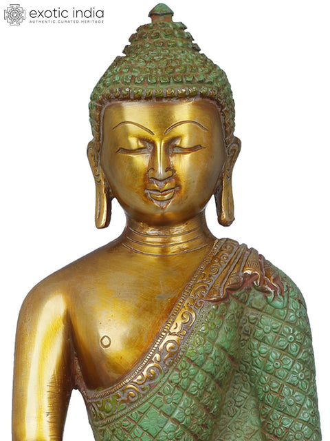 10" Lord Buddha Wearing Vishwa-Vajra Carved Robe - Handmade Tibetan Buddhist Brass Statue | Made In India