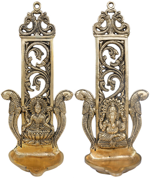10" Lakshmi Ganesha Brass Wall Hanging with Parrot Lamp Handmade