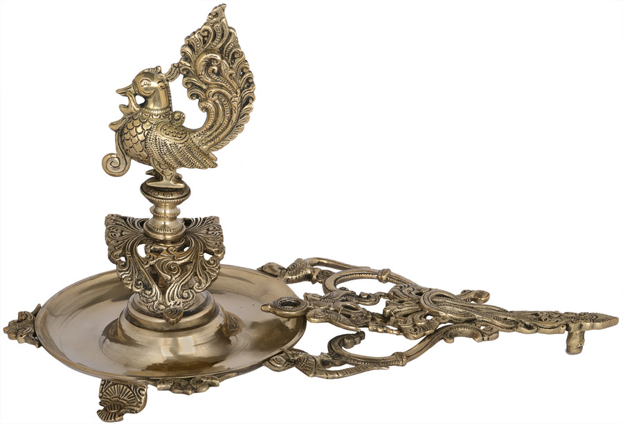 9" Handmade Brass Peacock Aarti Lamp for Pooja