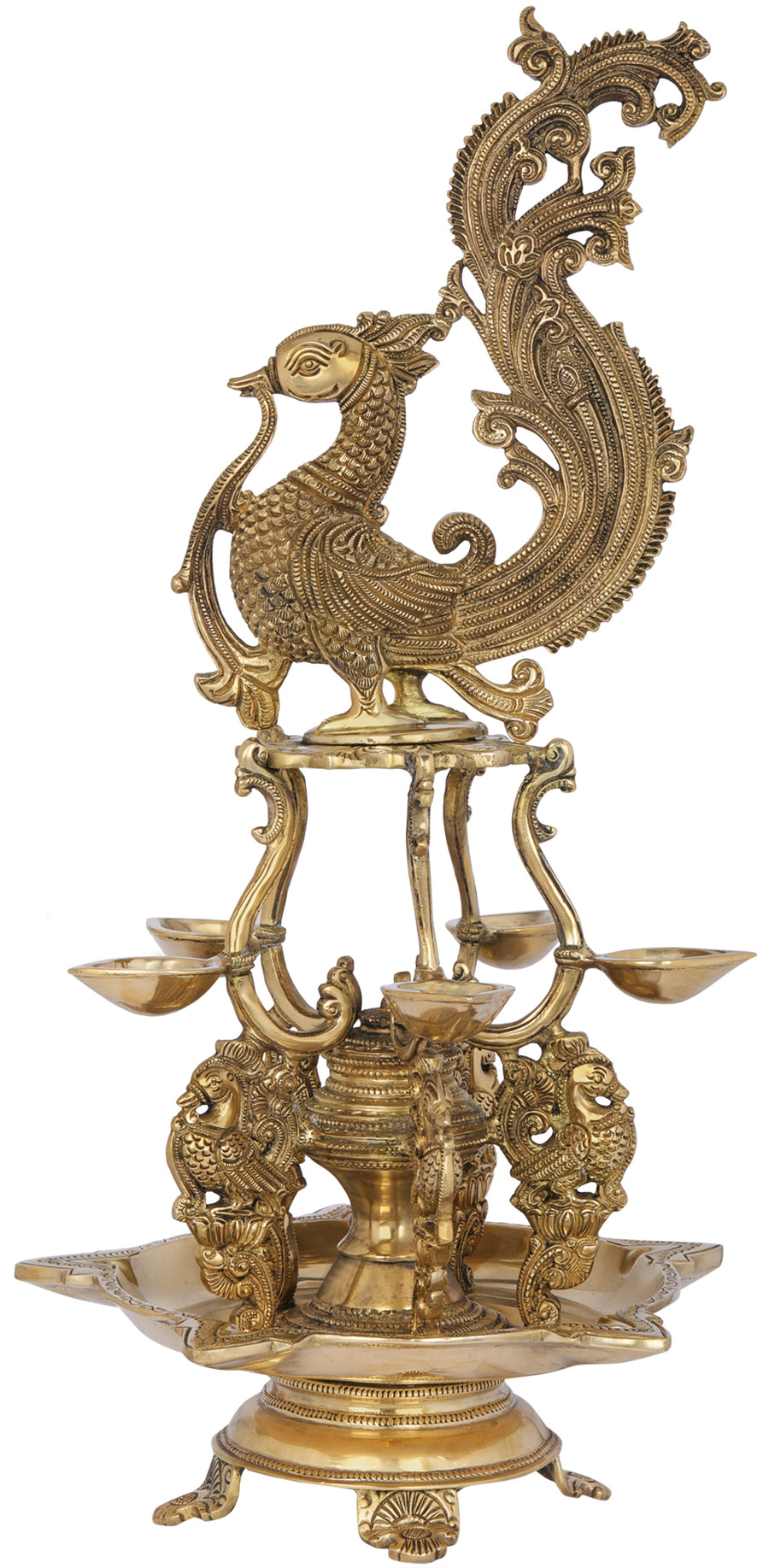 19" Handmade Brass Peacock Lamp with Ornate Plumage